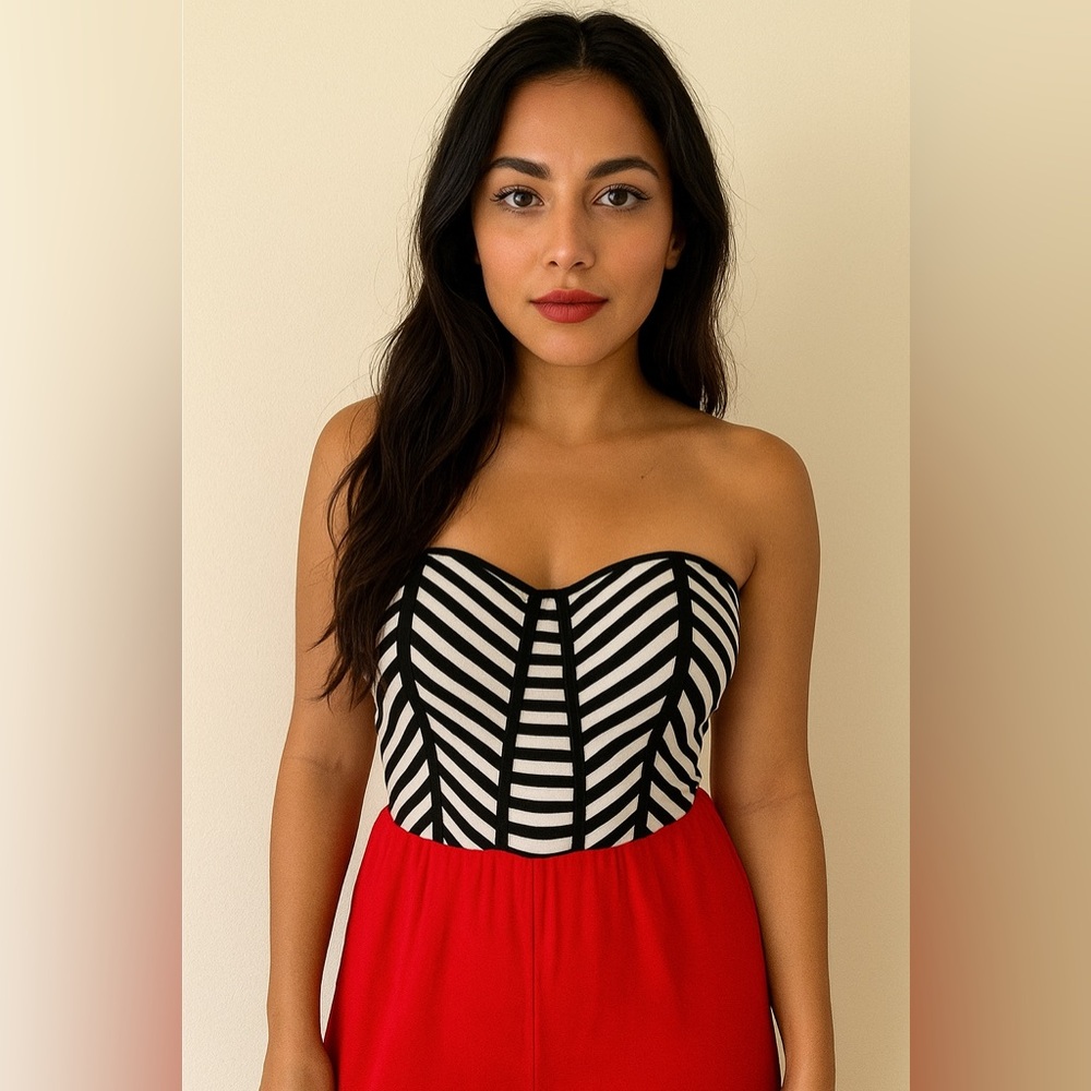 Striped Black and White Jumpsuit with Bustier Top and red wide legged pants - Picture 2 of 6